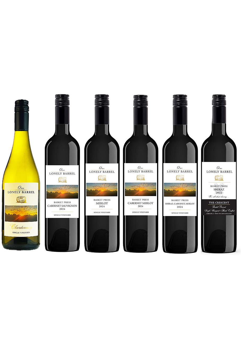One Lonely Barrel Tasting 6 pack Basket Press Red Wines & Chardonnay - Click on the Tasting 6 pack to view Club Member price & how to access them!